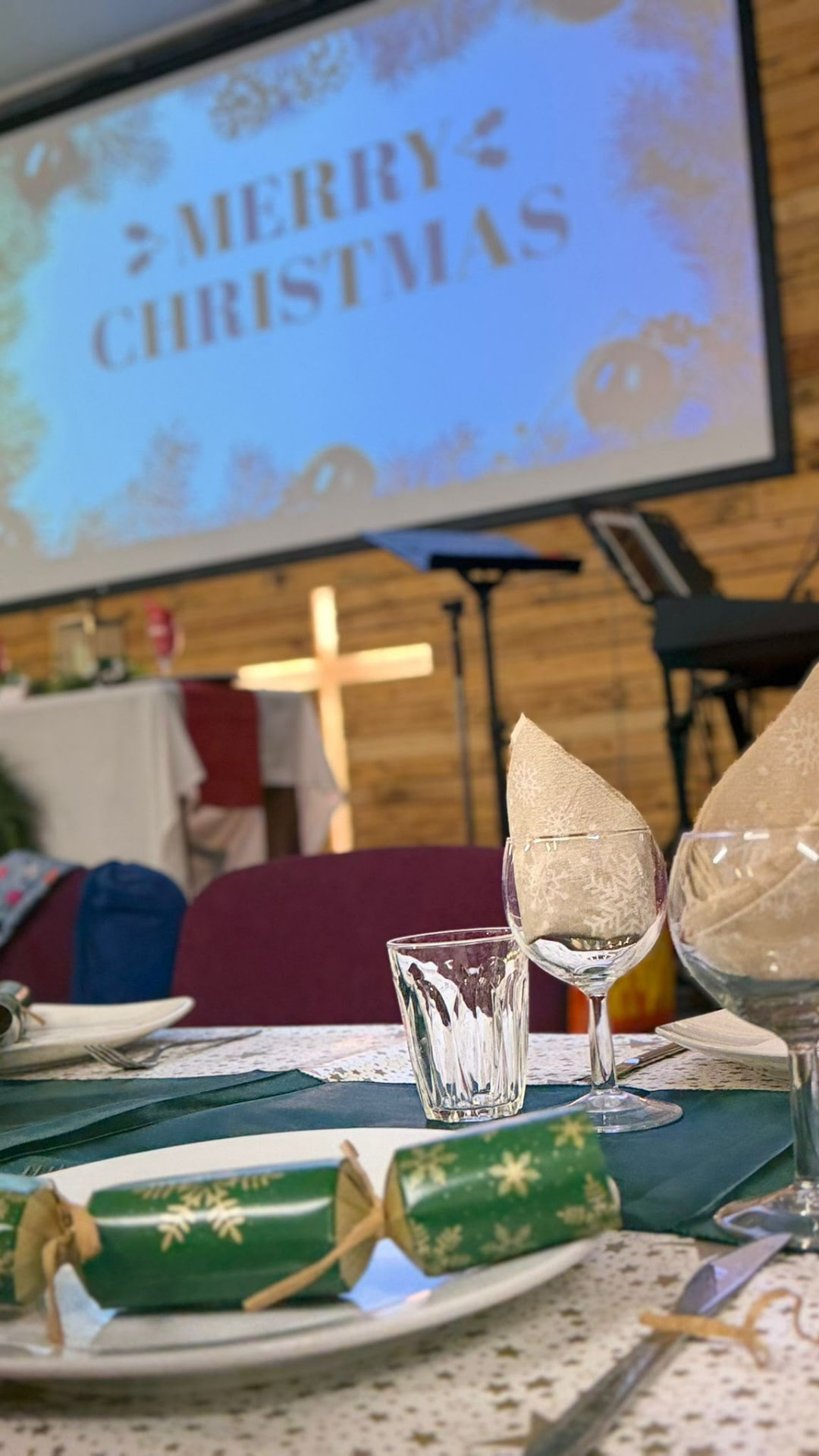 Christmas table setting in front of the stage