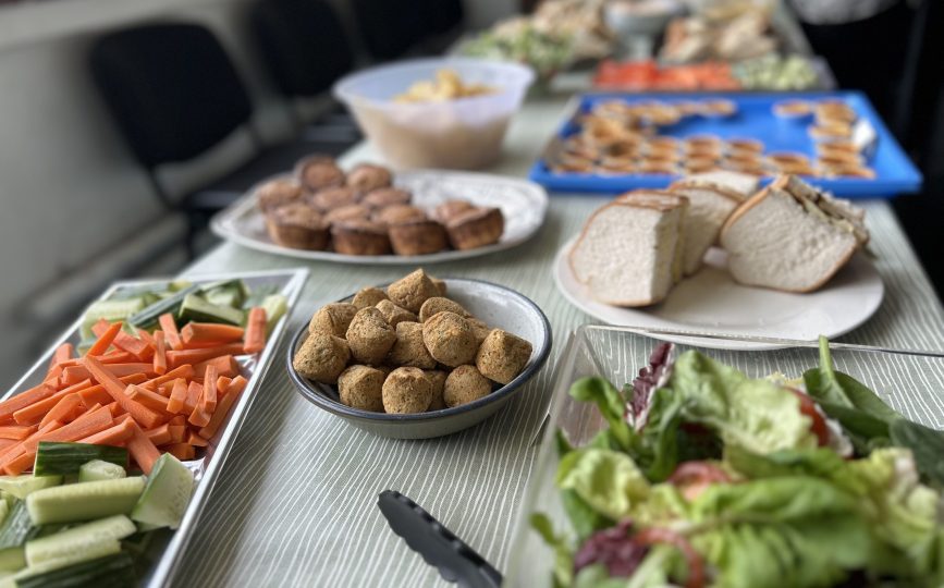 Buffet table of sandwiches, salads and nibbles