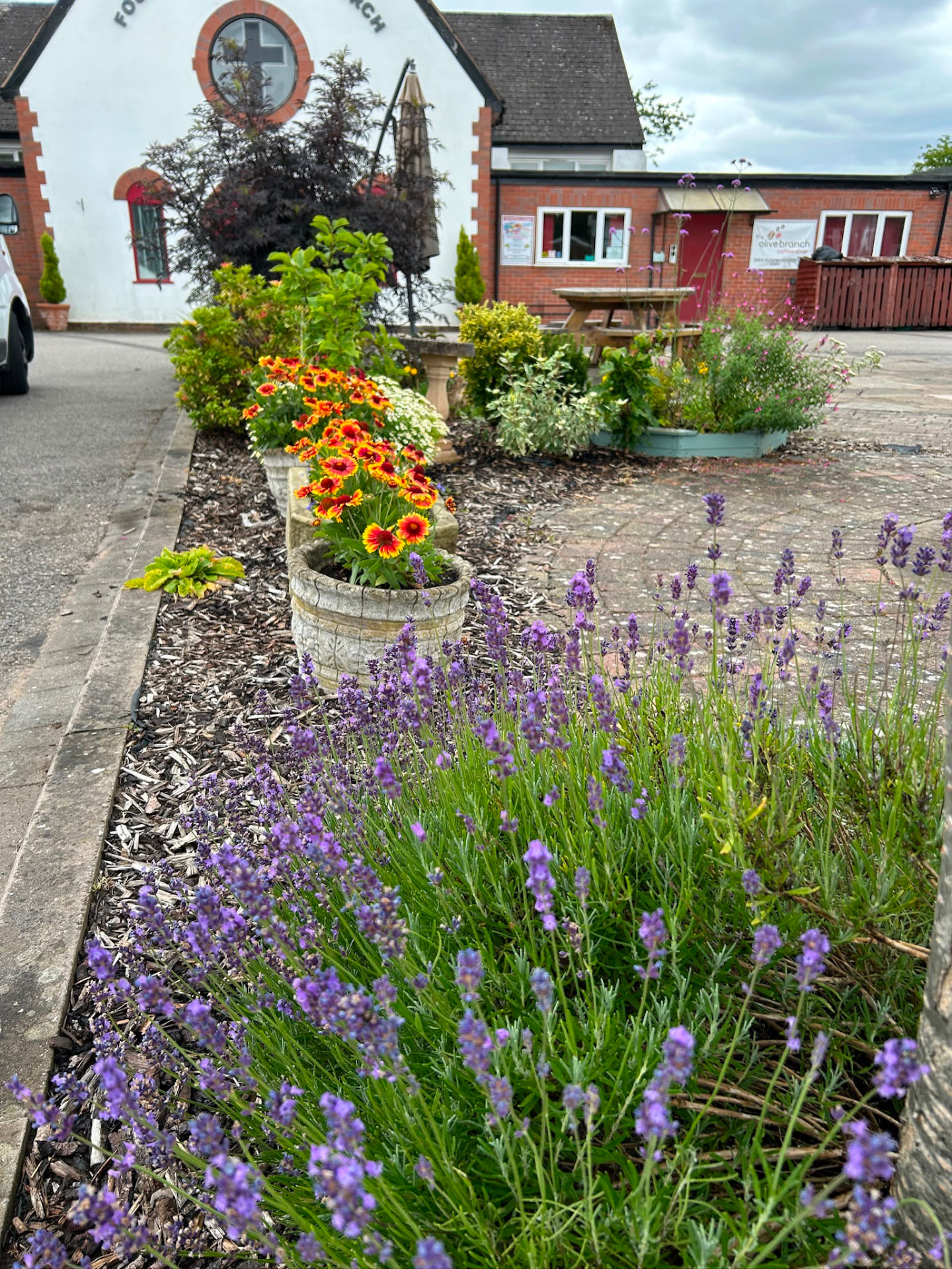 Lavender and flower beds outside the church