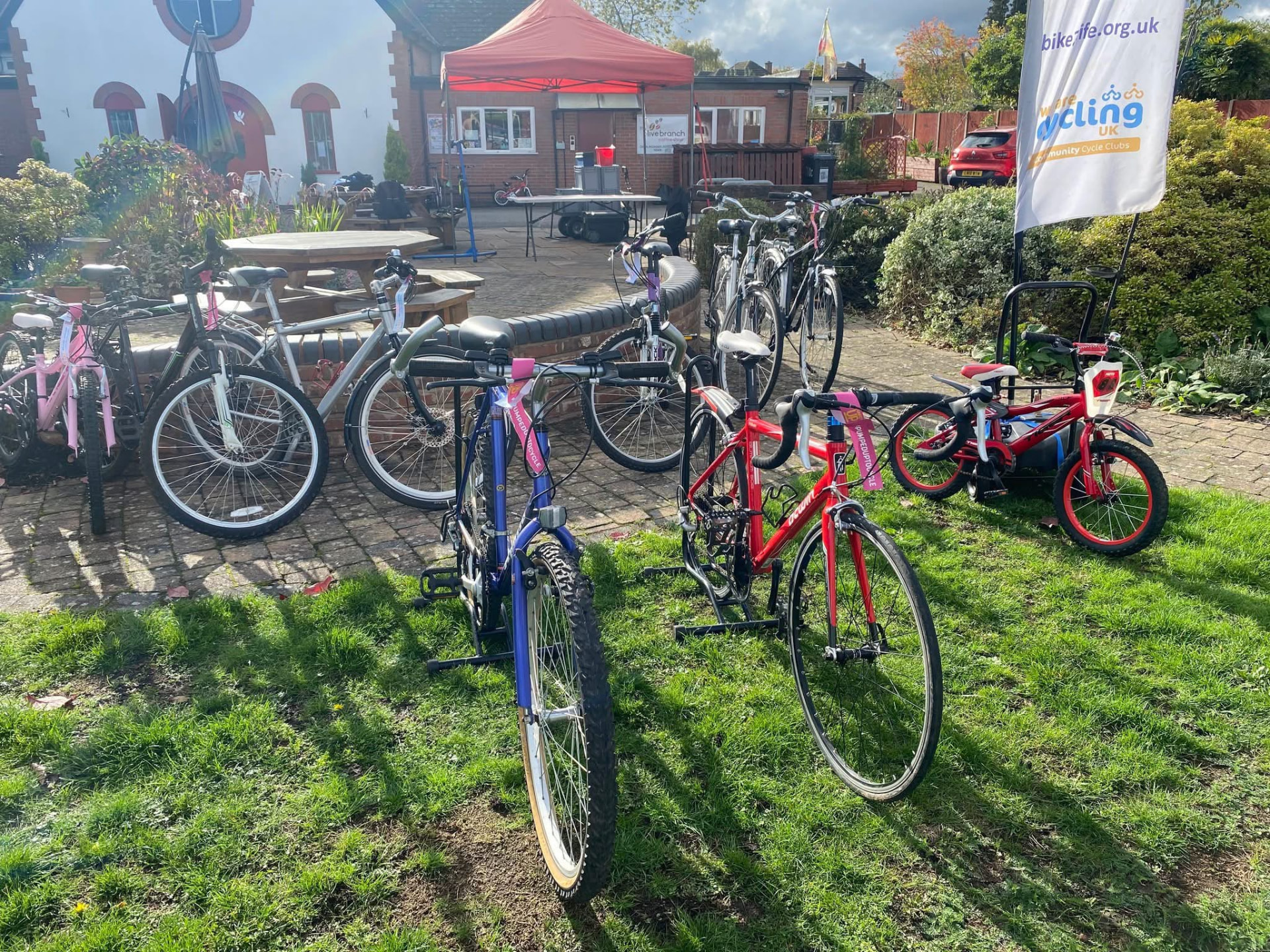 Bikes lined up outside the church for the bike2life drop-in